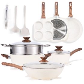 17 Pcs Non-Stick Pots and Pans, Non-toxic Kitchen Cooking Set with Stay-Cool Handles, Beige