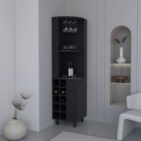 Kaia 70" Tall Corner Bar Cabinet With Four Shelves, Ten Wine Bottle Cubbies and Stemware in Black Wengue