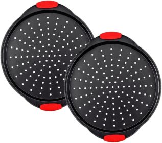 13 Inch Pizza Pan for Oven (2 Pack) Round Pizza Pan with Holes - Non-Stick Carbon Steel Pizza Tray with Silicone Handles - for Cooking, Baking, and Gr