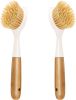 2 Pack Kitchen Dish Brush Bamboo Handle Dish Scrubber Built-in Scraper, Scrub Brush for Pans, Pots, Kitchen Sink Cleaning, Dishwashing and Cleaning Br