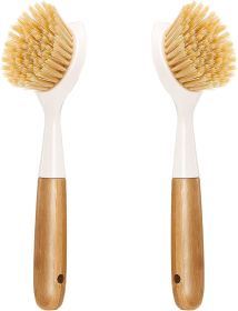 2 Pack Kitchen Dish Brush Bamboo Handle Dish Scrubber Built-in Scraper, Scrub Brush for Pans, Pots, Kitchen Sink Cleaning, Dishwashing and Cleaning Br