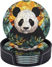 Panda Drink Coaster Set of 6, Panda Decor Gifts, Leather Drink Coasters with Holder