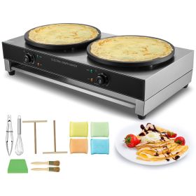 Electric Crepe Maker, 16-Inch Double Head Commercial Crepe Machine, 3400W Flat Plate Crepe Griddle, Nonstick Stainless Steel Pancake Making