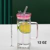 1 Pcs Pink Glass Straw Cup, 6 Colors Square Glass Cup With Straw And Lid, High Borosilicate Glass Cup, Milk Cup, Juice Cup, Cold Drink Cup, Coffee Cup