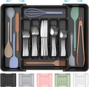 Extra Large Expandable Silverware Organizer, BPA-Free Food-Safe Cutlery Flatware Organizer, Kitchen Utensil Drawer Organizer, Adjustable Silverware Ho (Color: Black)