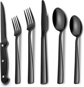 24-Piece Black Silverware Set with Steak Knives, Black Flatware Set for 4, Food-Grade Stainless Steel Tableware Cutlery Set, Mirror Finished Utensil S (Material: Stainless Steel)