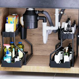 2 Pack 2-Tier Under Sink Organizer L-Shape Sliding Cabinet Organizers Storage Shelves with 8 Removable Hooks 2 Hanging Cups for Bathroom Kitchen Offic (Color: Black)