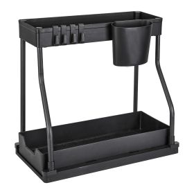 2 Pack 2-Tier Under Sink Organizer L-Shape Sliding Cabinet Organizers Storage Shelves with 8 Removable Hooks 2 Hanging Cups for Bathroom Kitchen (Color: Black, size: One size)